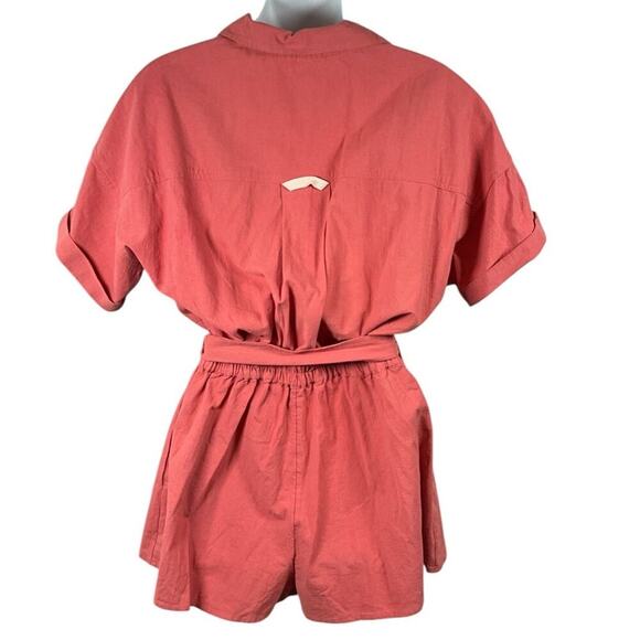 Free People Romper Coral Size XS Button Down Short Sleeve Belted Sinched Waist - Picture 11 of 13